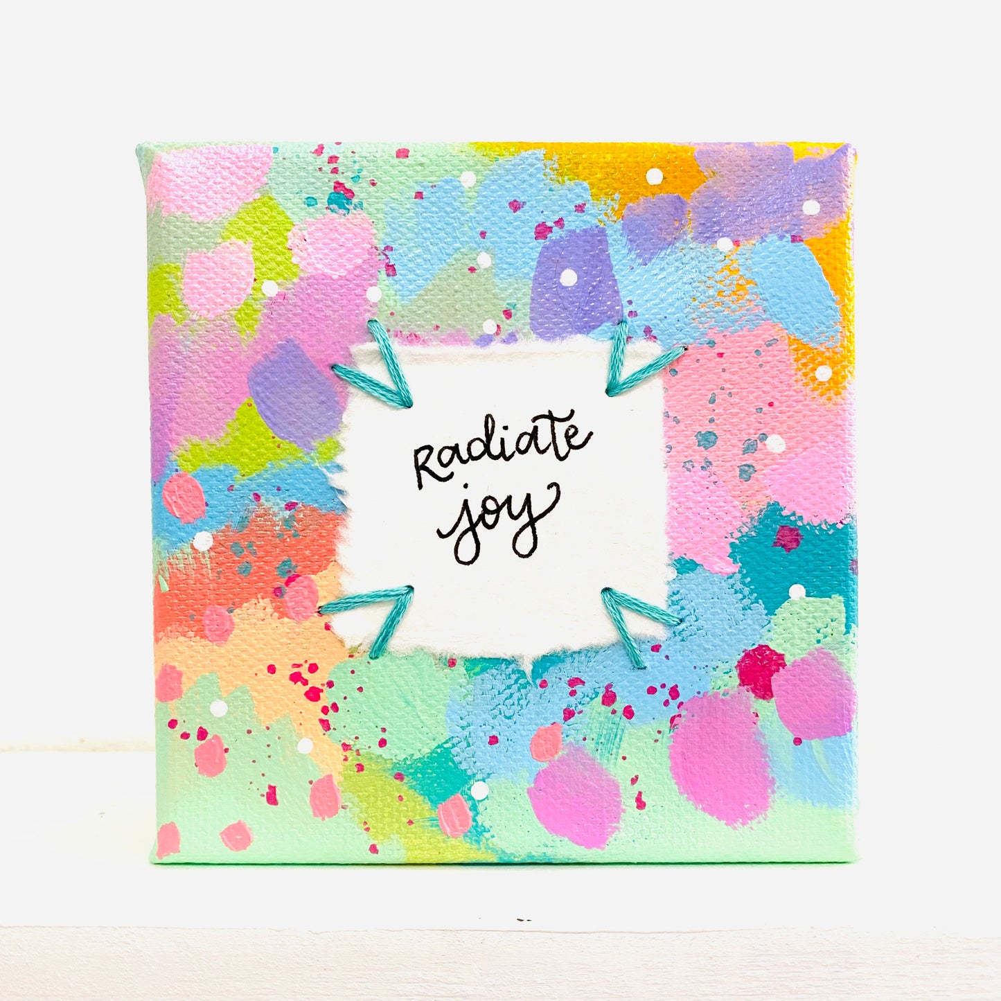 Radiate Joy 4x4 inch original abstract canvas with embroidery thread accents