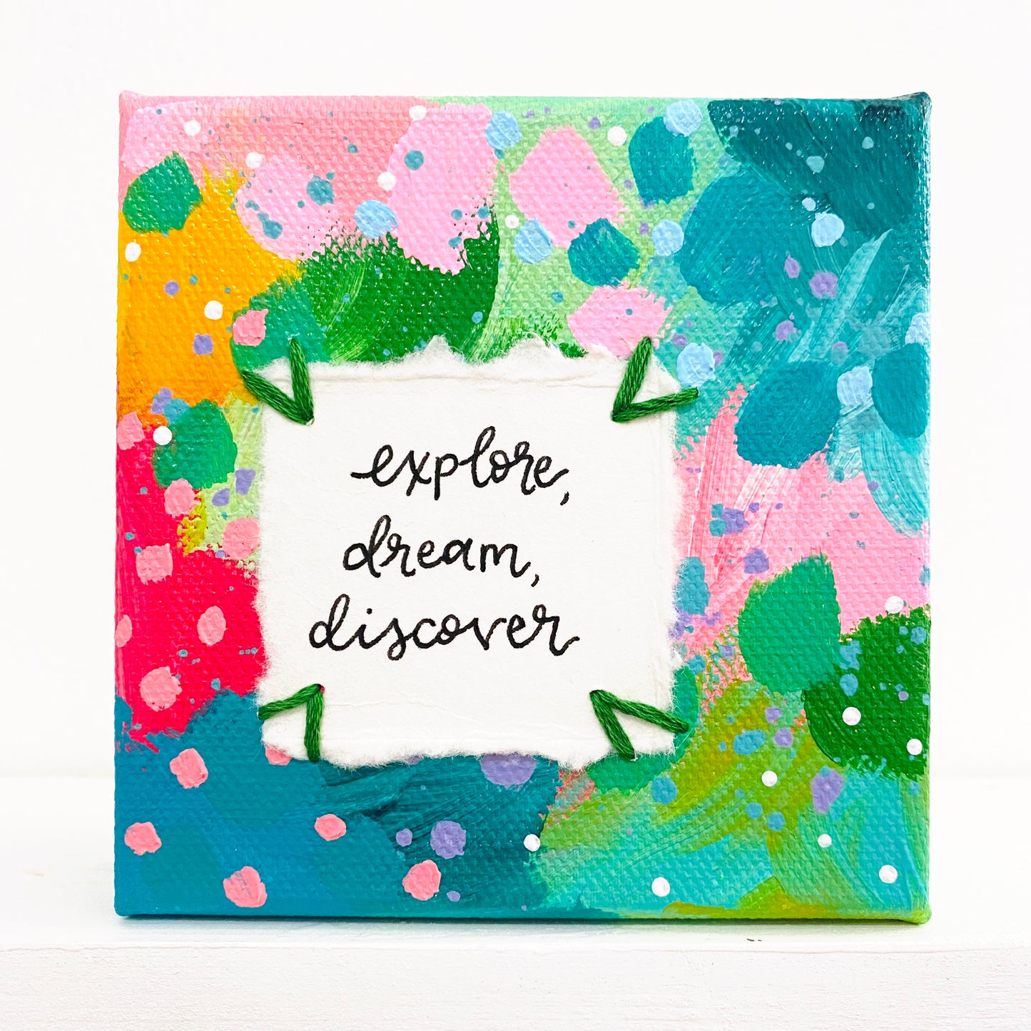 Explore, Dream, Discover 4x4 inch original abstract canvas with embroidery thread accents