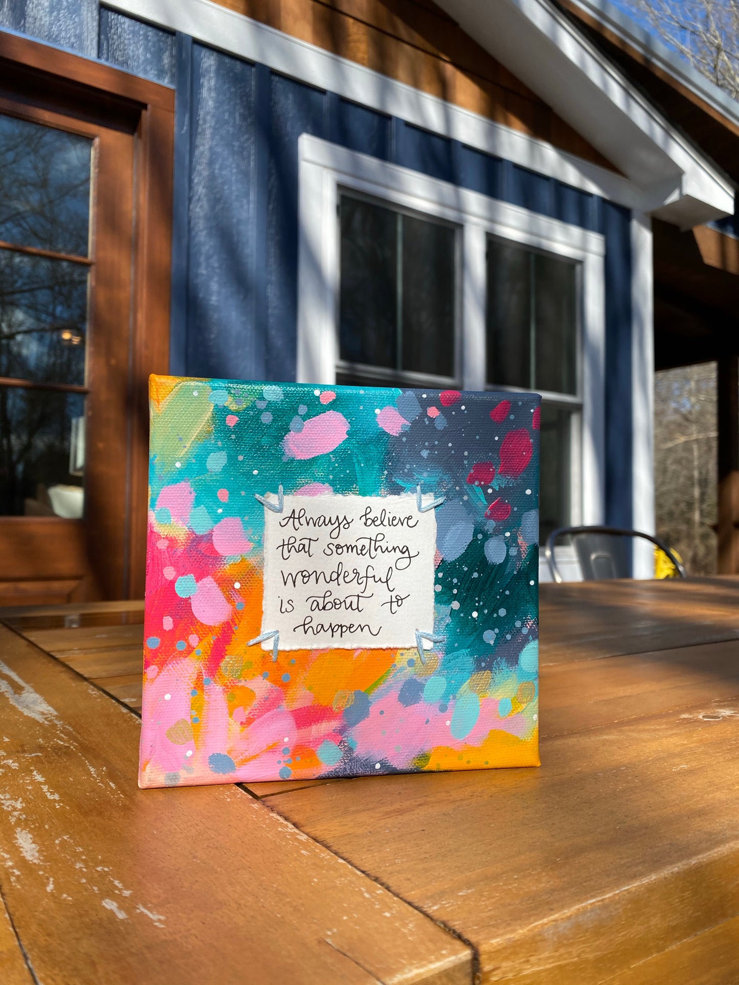 Something Wonderful 6x6 inch original abstract canvas with embroidery thread accents