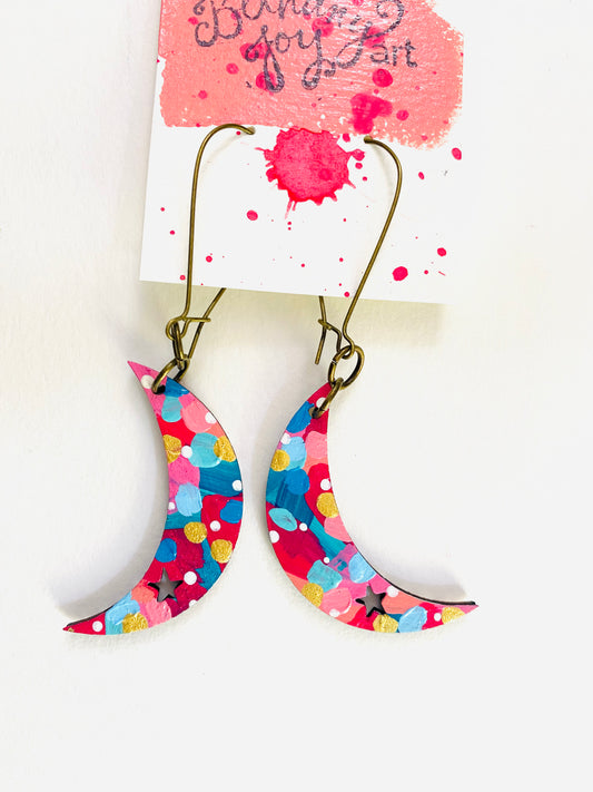 Colorful, Hand Painted, Moon Shaped Earrings 3