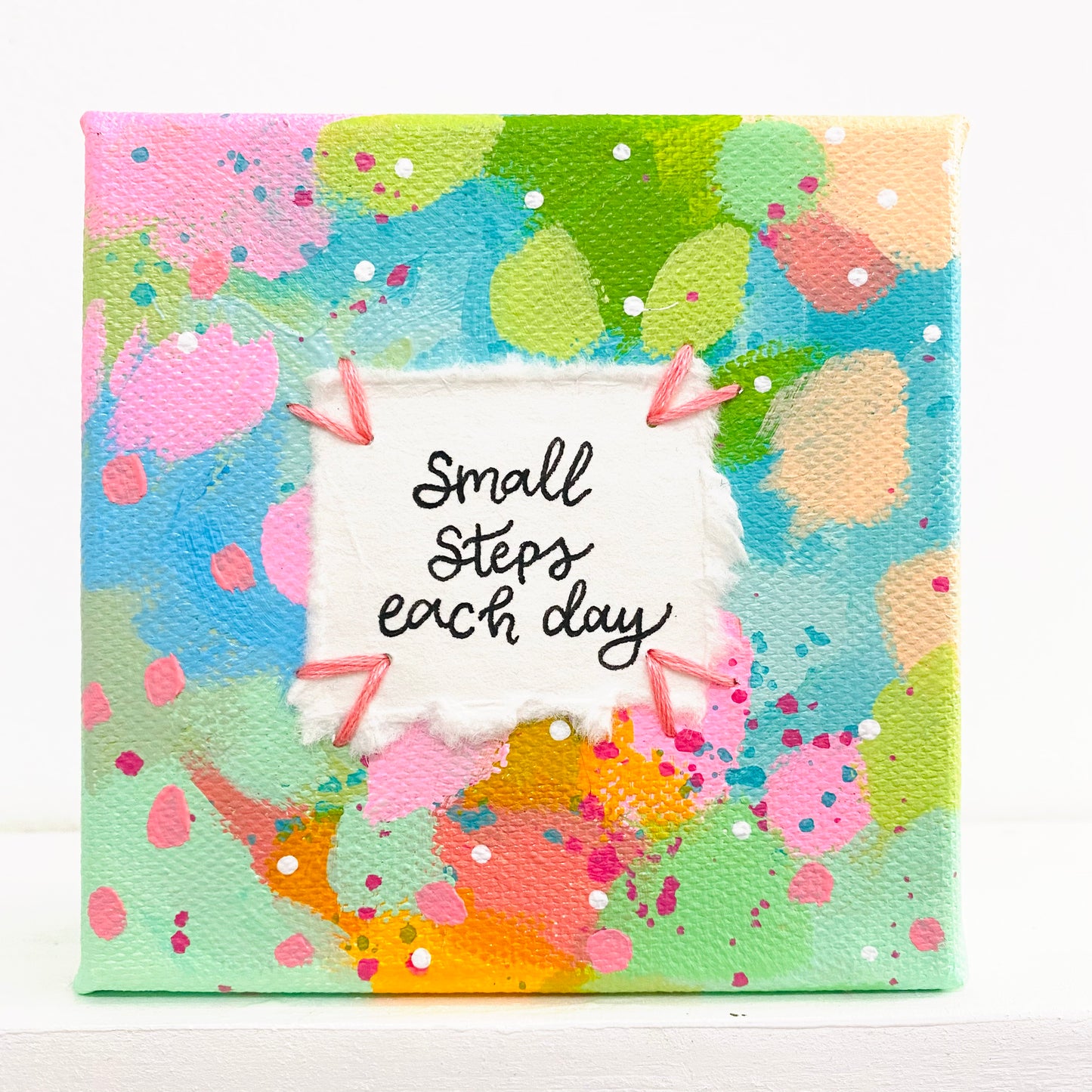 Small Steps Each Day 4x4 inch original abstract canvas with embroidery thread accents