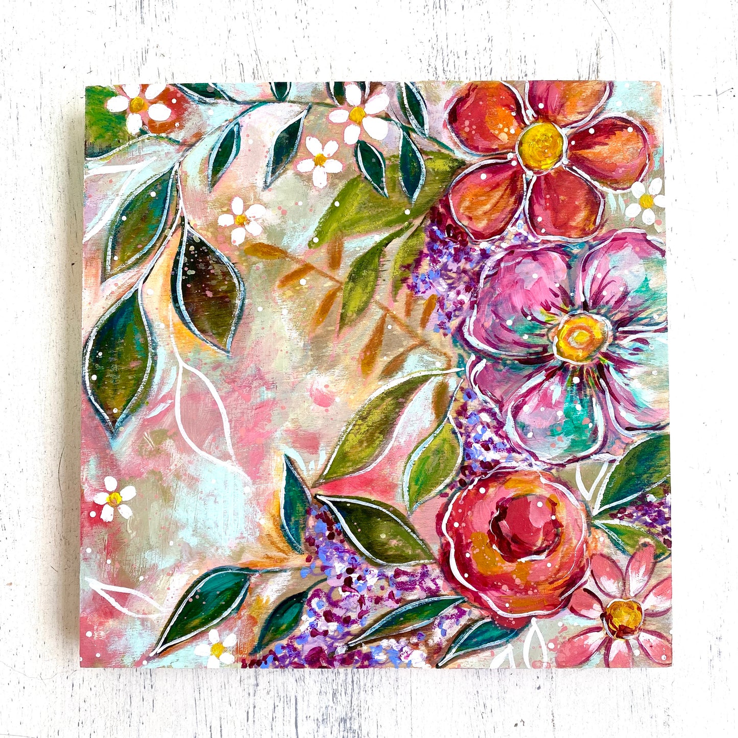 Garden of Joy Spring Floral Mixed Media Painting on 8x8 inch wood panel - Bethany Joy Art