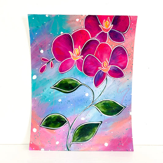 Whimsical and bold orchid original painting by Bethany Joy Art