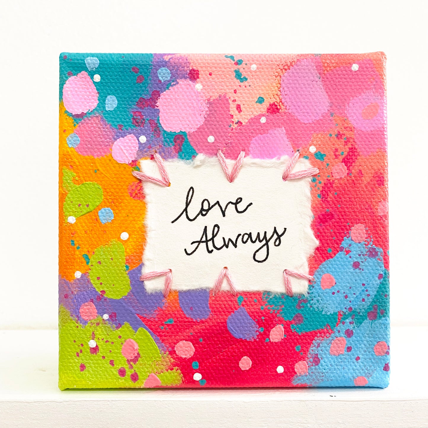 Love Always 4x4 inch original abstract canvas with embroidery thread accents