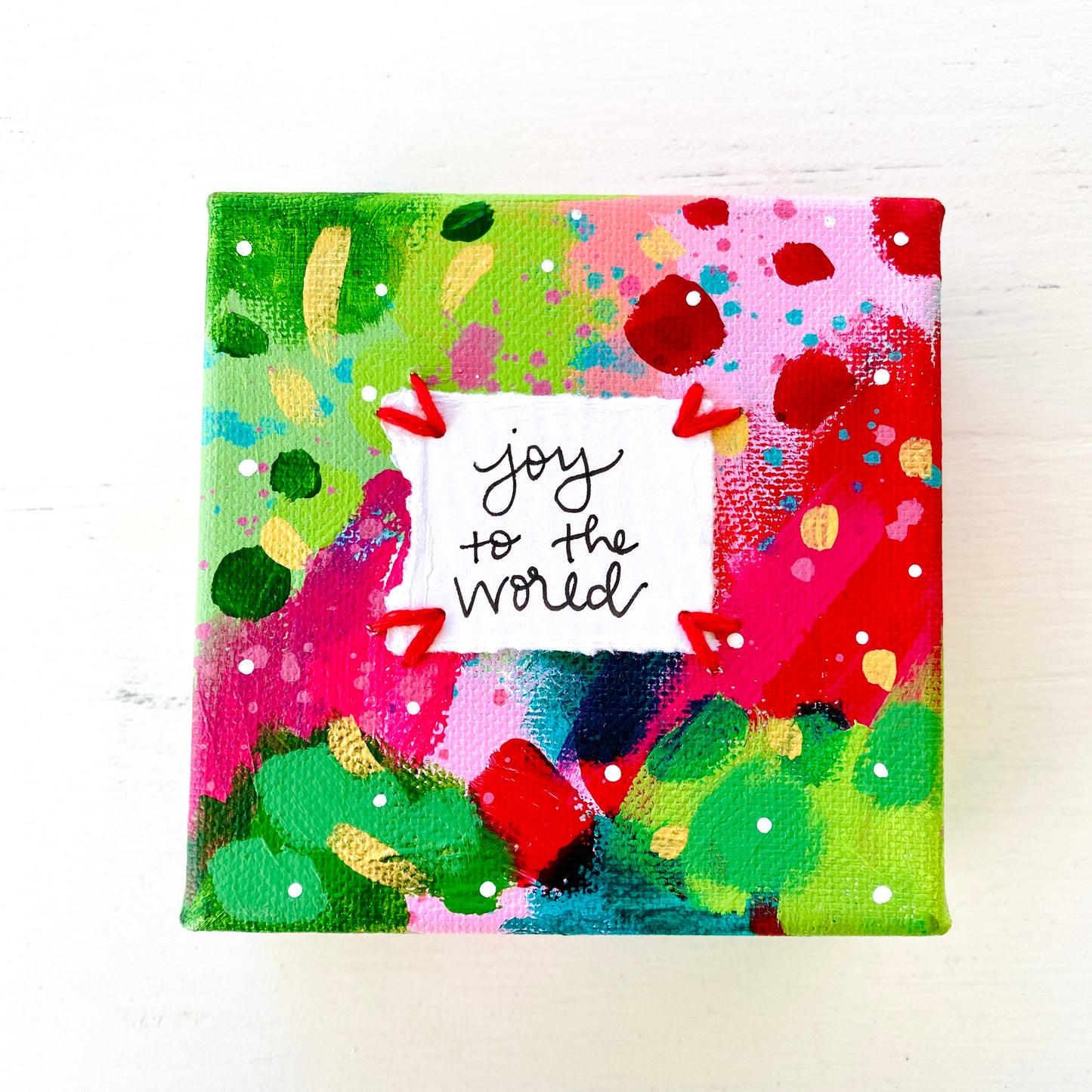 Joy to the World-1 4x4 inch original abstract canvas with embroidery thread accents