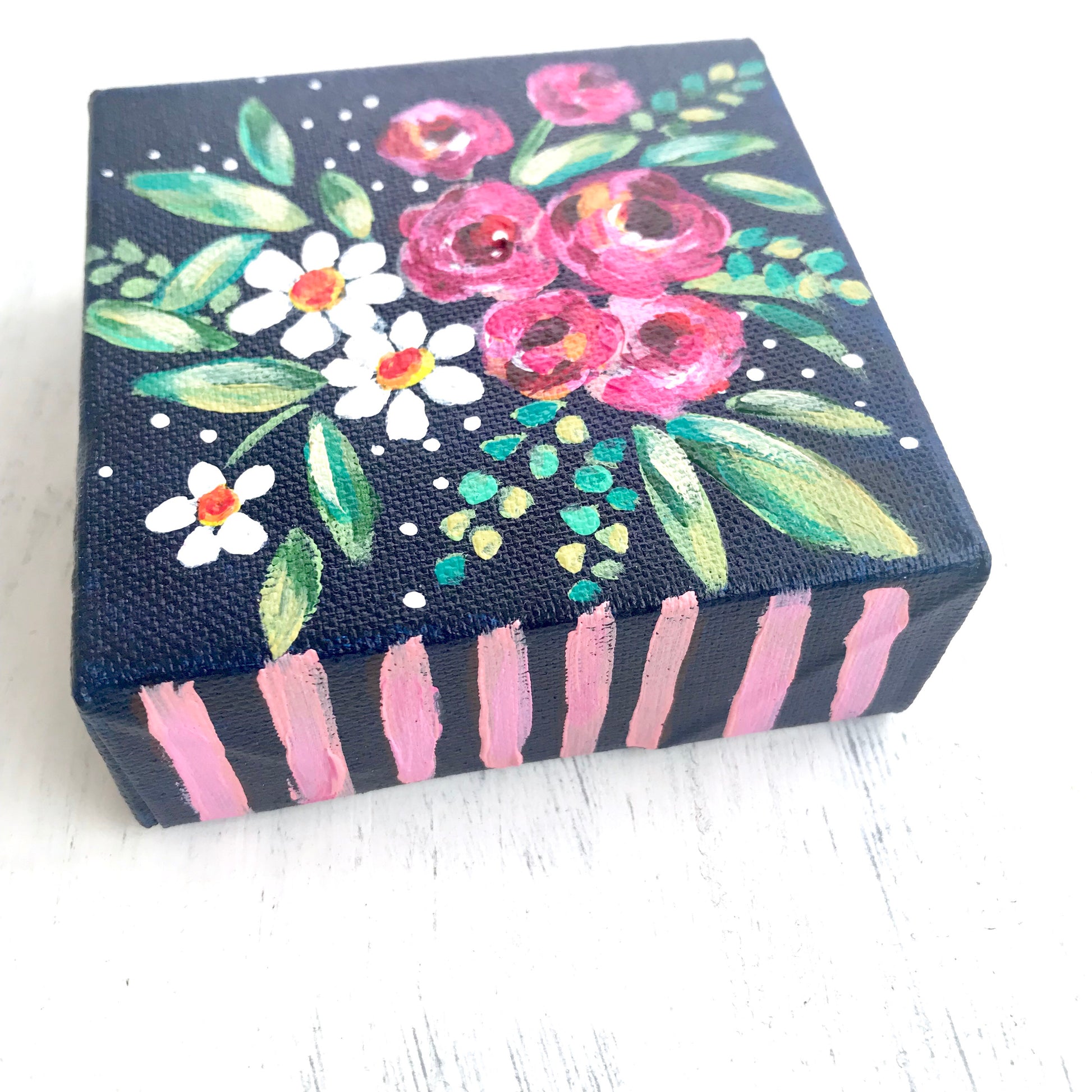 "Navy Love" - Floral Painting on 4x4 inch canvas with 1.25 inch painted sides (pink stripes) - Bethany Joy Art