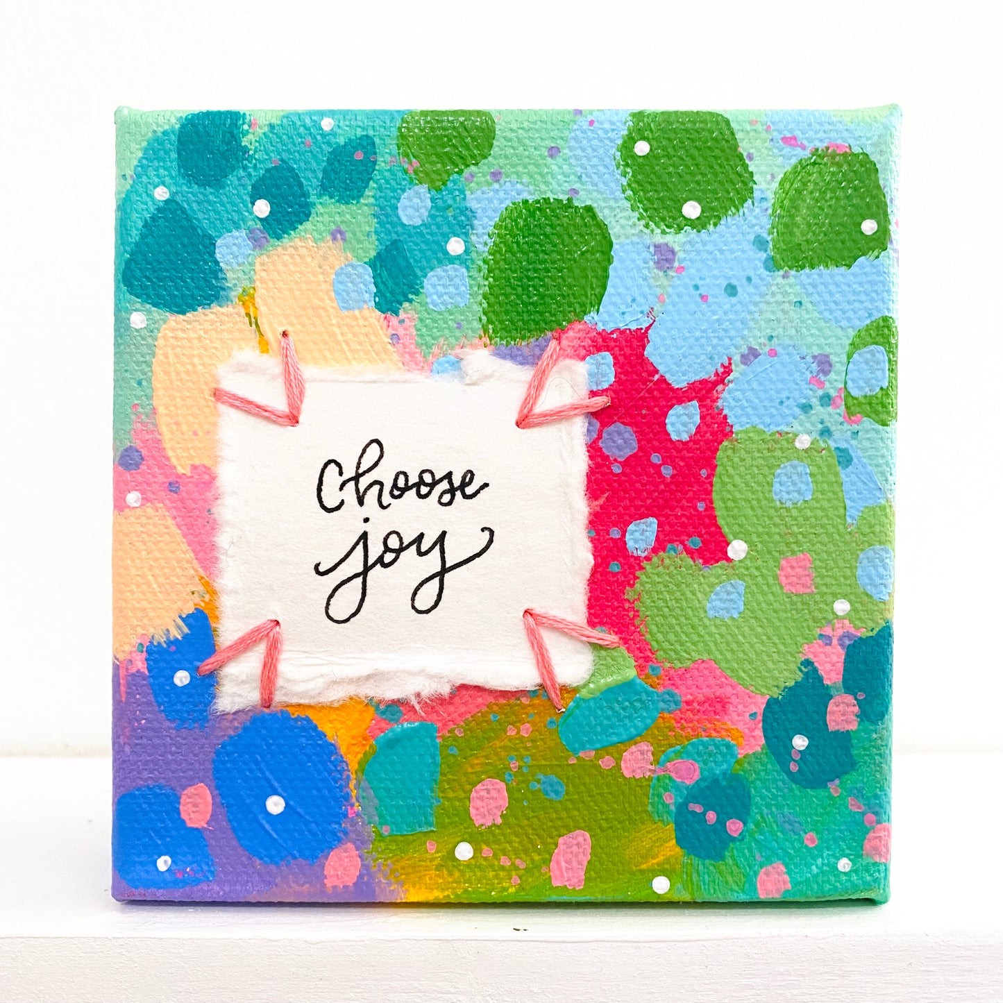 Choose Joy 4x4 inch original abstract canvas with embroidery thread accents
