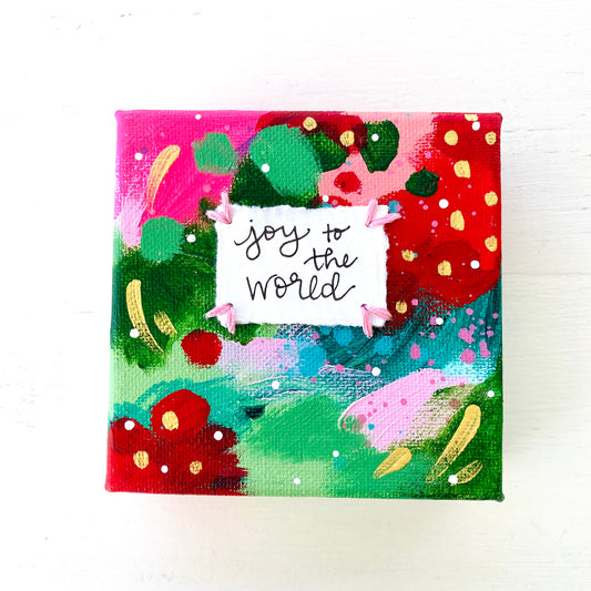 Joy to the World-2 4x4 inch original abstract canvas with embroidery thread accents