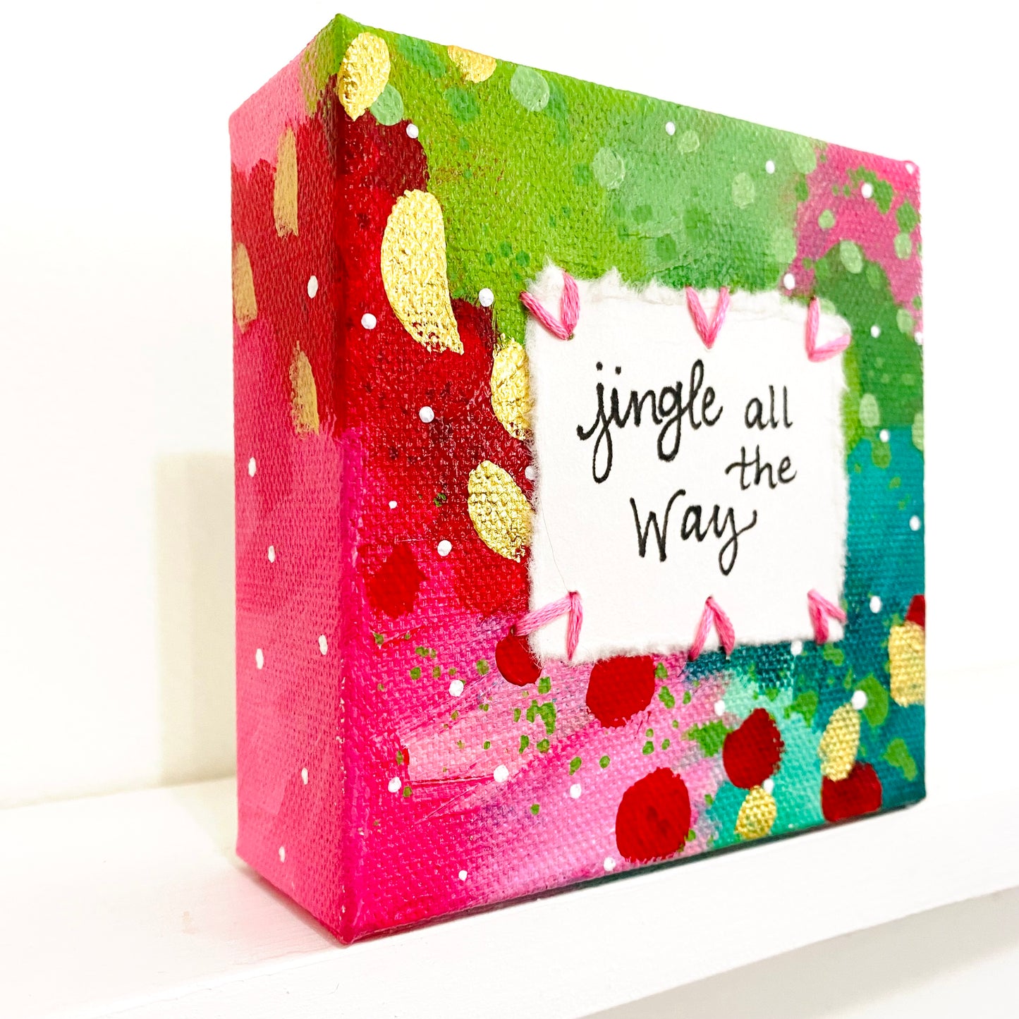 Jingle All the Way 4x4 inch original abstract canvas with embroidery thread accents