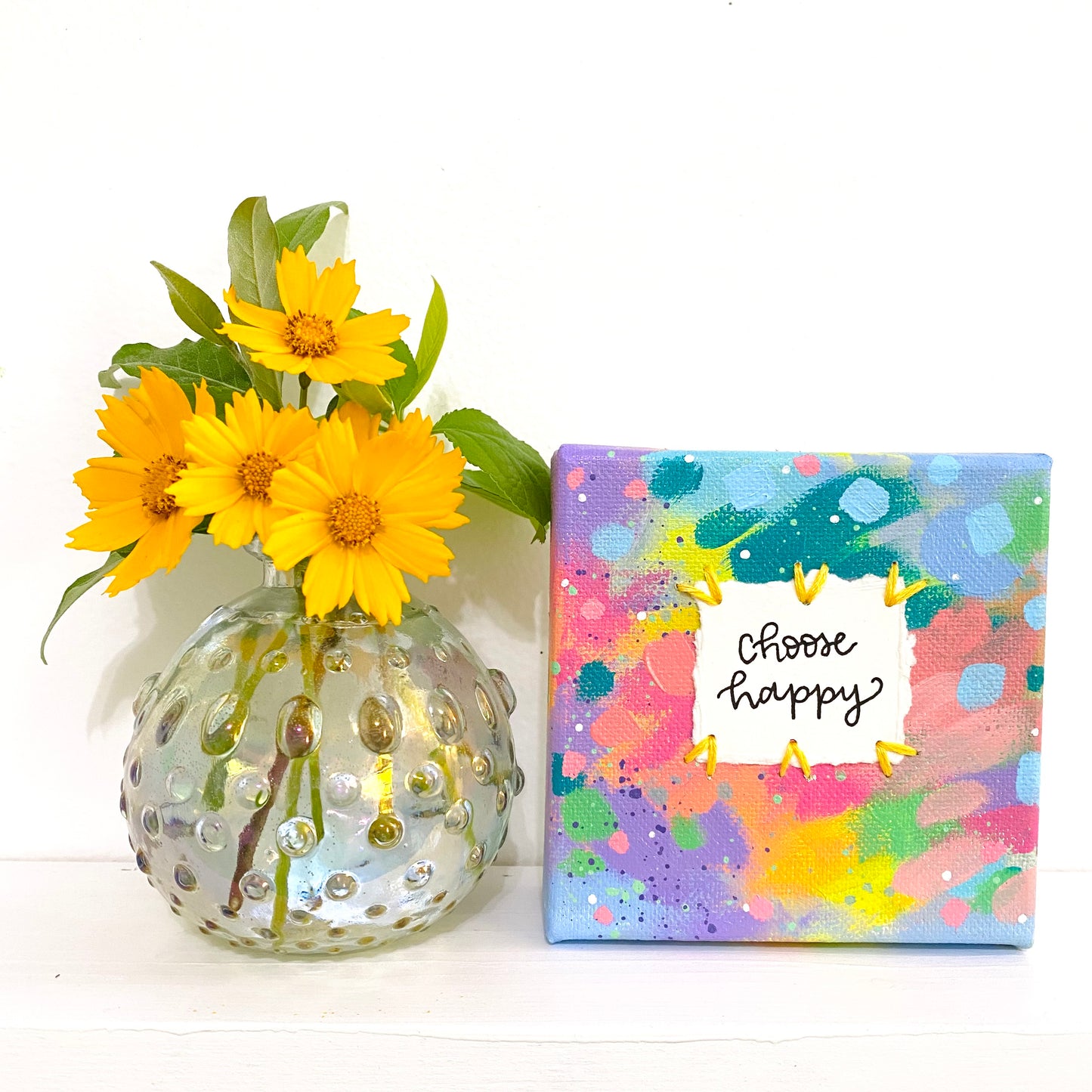 Choose Happy 4x4 inch original abstract canvas with embroidery thread accents
