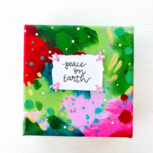 Peace on Earth-2 4x4 inch original abstract canvas with embroidery thread accents