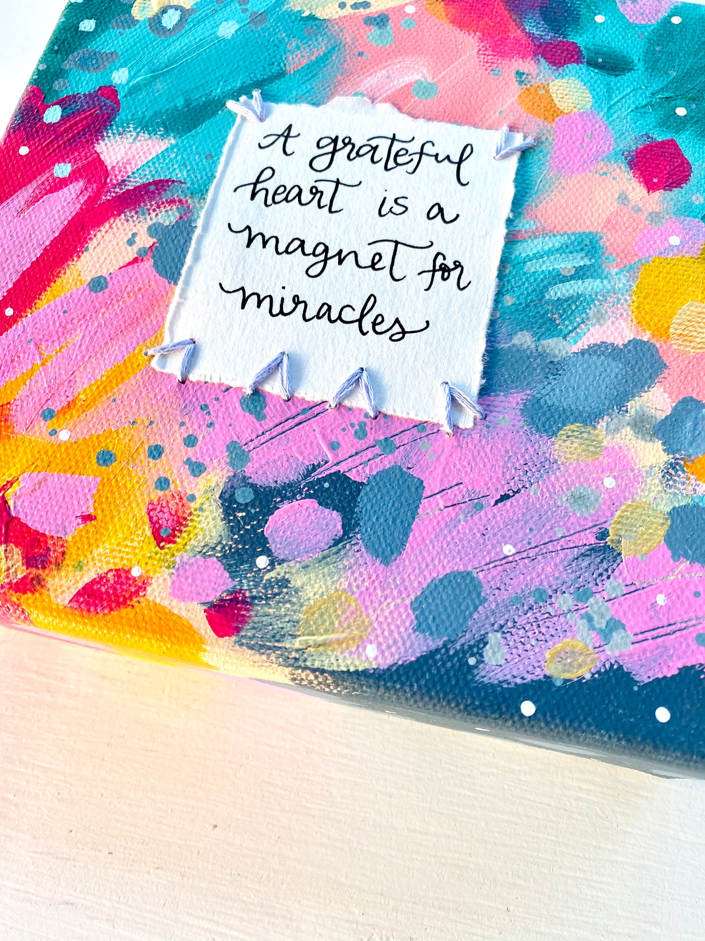 Grateful Heart 6x6 inch original abstract canvas with embroidery thread accents