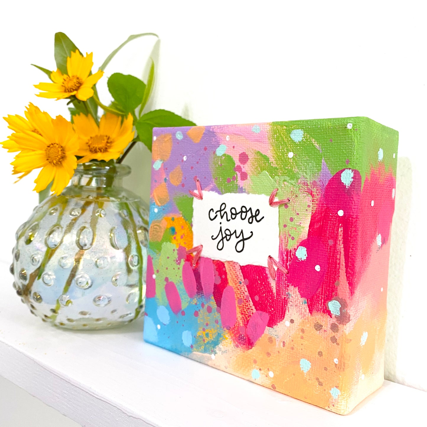 Choose Joy 4x4 inch original abstract canvas with embroidery thread accents