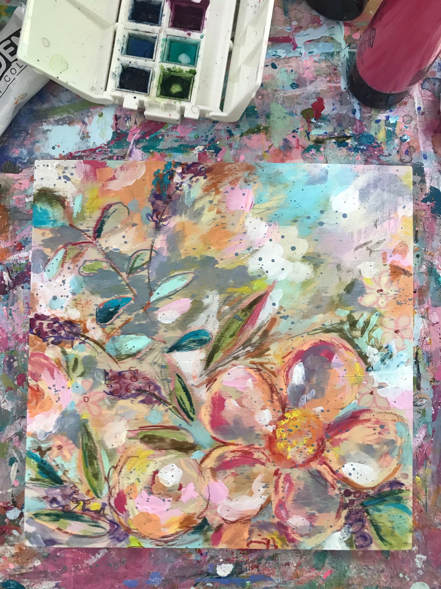 New Spring Floral Mixed Media Painting on 8x8 inch wood panel no.10 - Bethany Joy Art