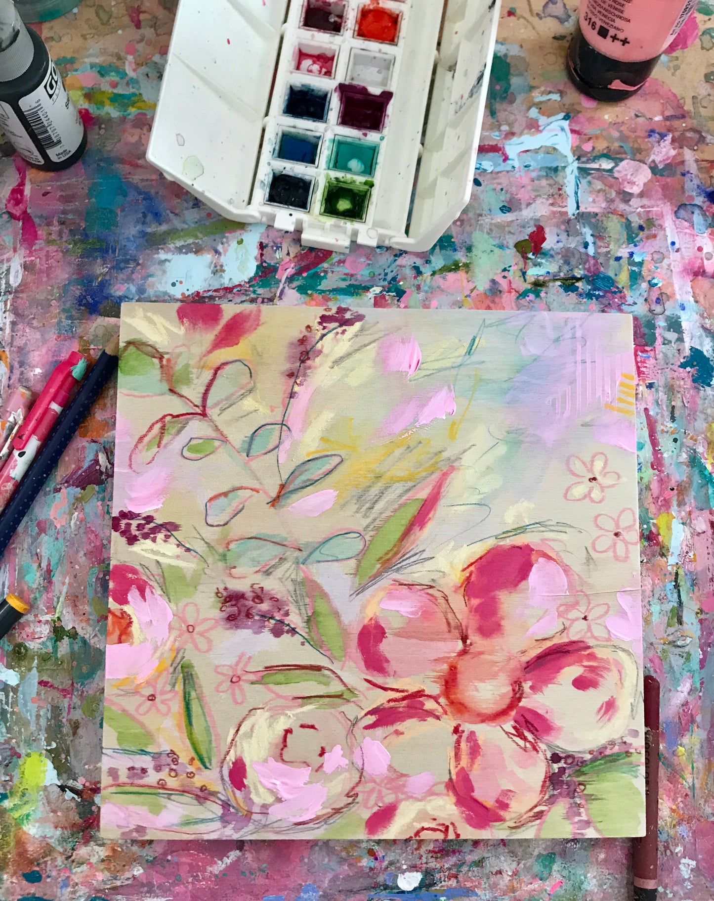New Spring Floral Mixed Media Painting on 8x8 inch wood panel no.10 - Bethany Joy Art