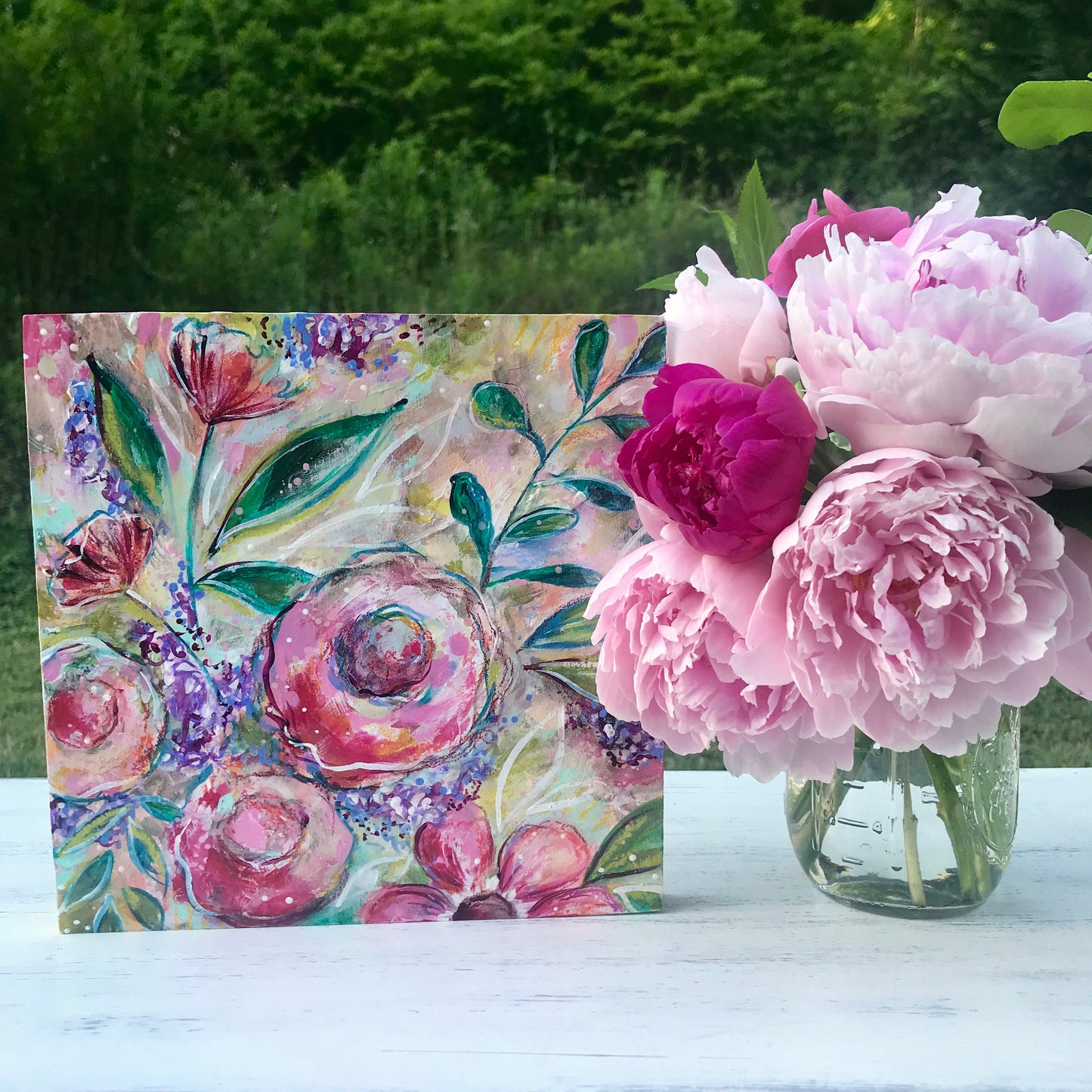 Hope Blooms Spring Floral Mixed Media Painting on 8x8 inch wood panel - Bethany Joy Art