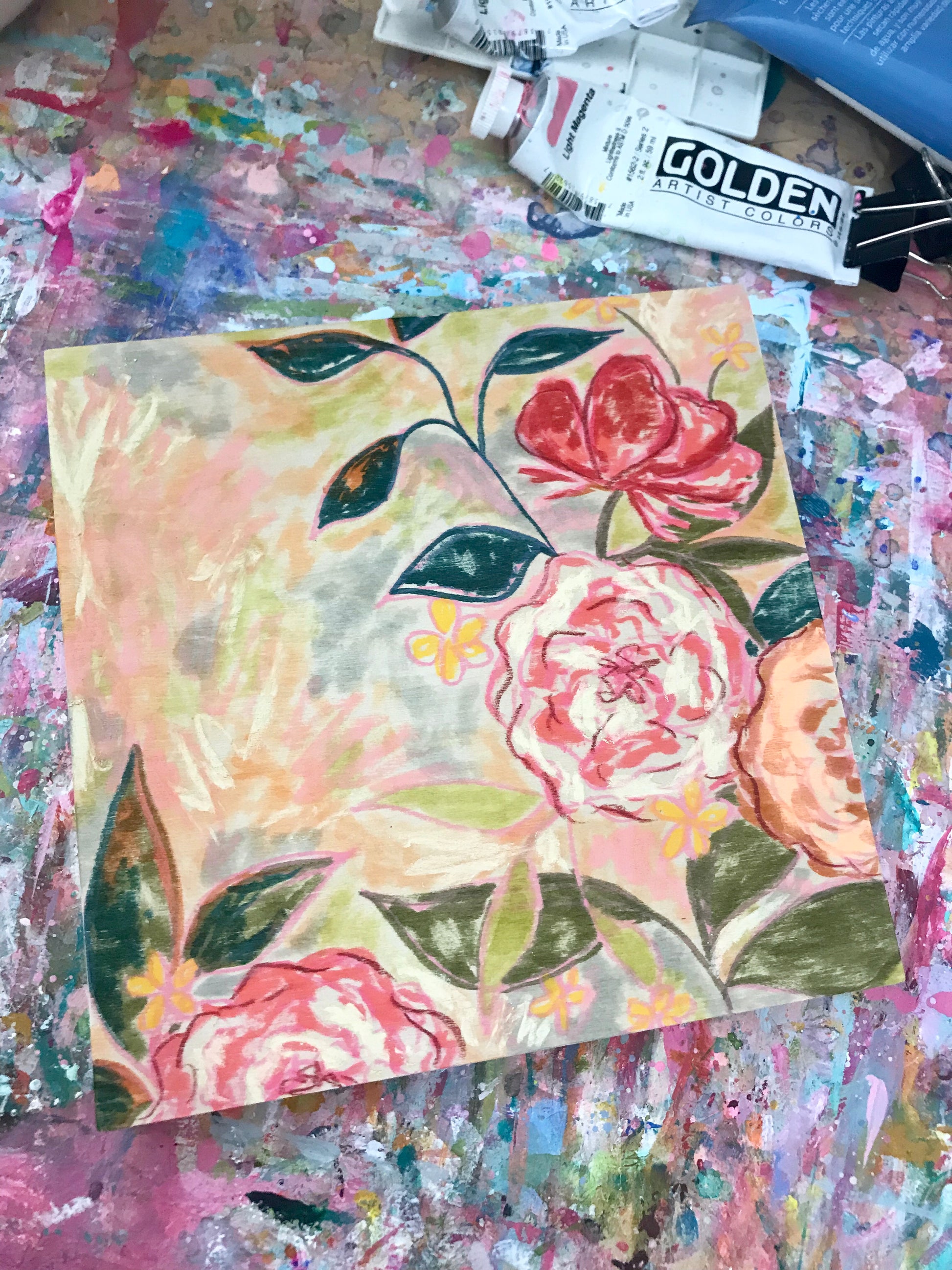 New Spring Floral Mixed Media Painting on 8x8 inch wood panel no.1 - Bethany Joy Art