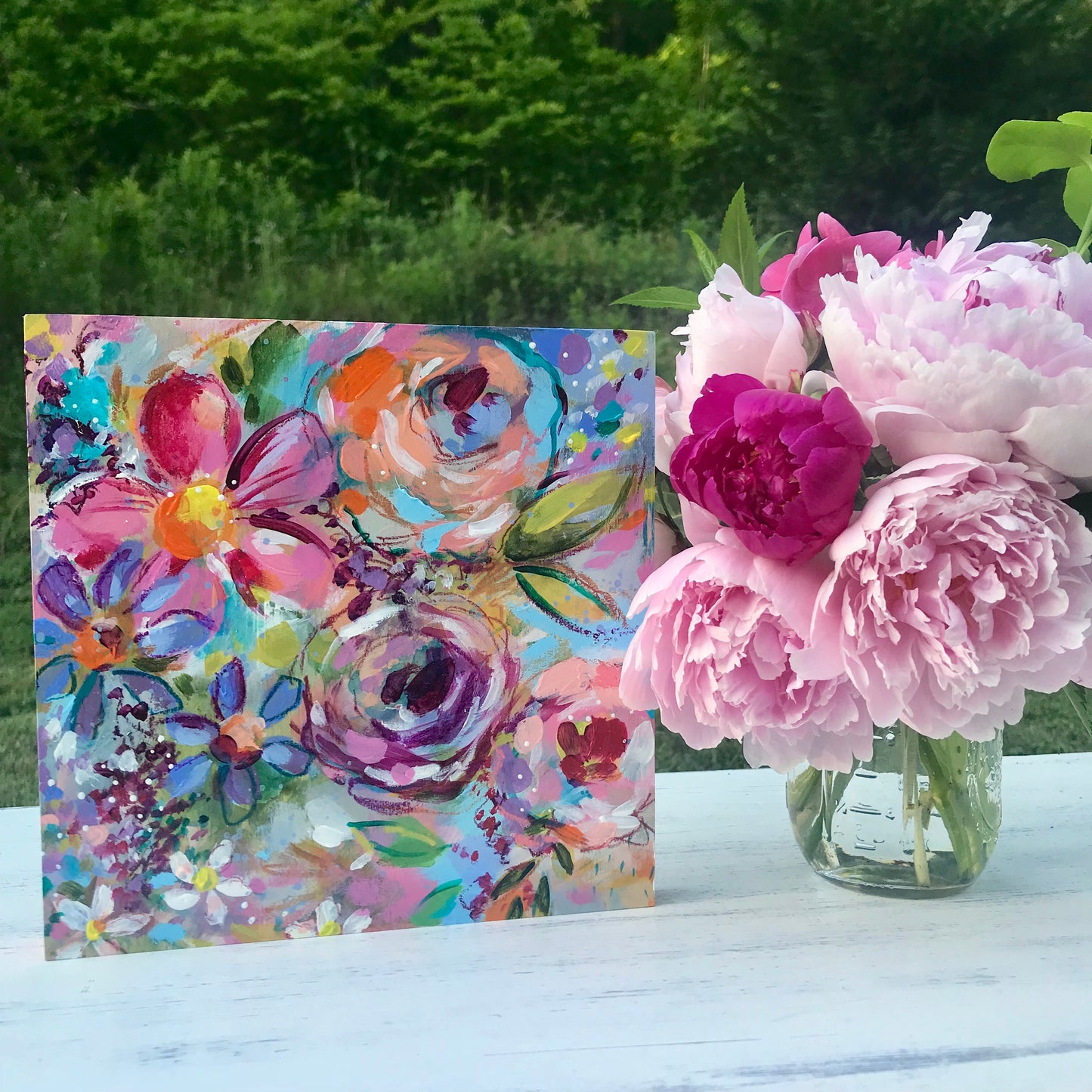 New Spring Floral Mixed Media Painting on 8x8 inch wood panel no.4 - Bethany Joy Art