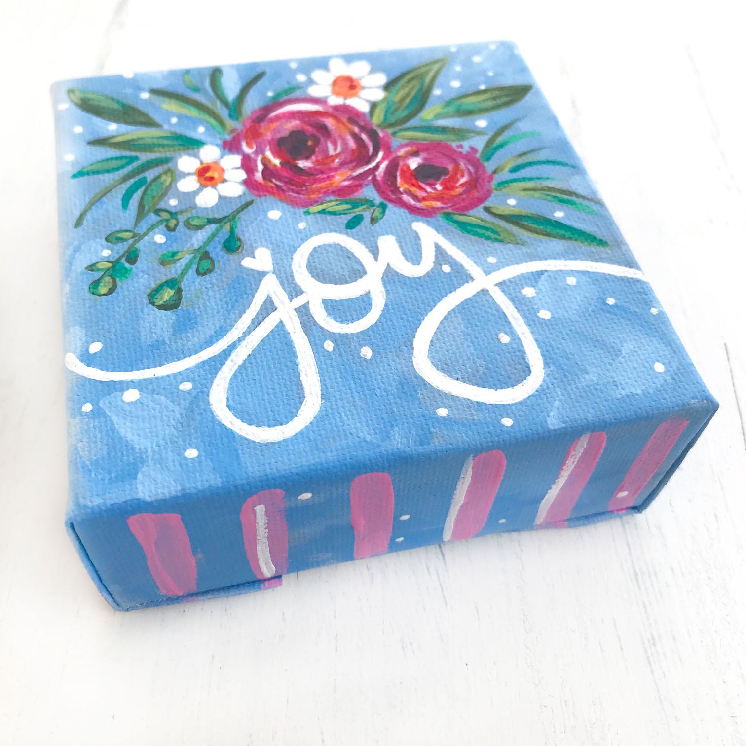"Joyful Spring Flowers"- Floral Painting on 4x4 inch canvas with 1.25 inch painted sides (pink stripes) - Bethany Joy Art