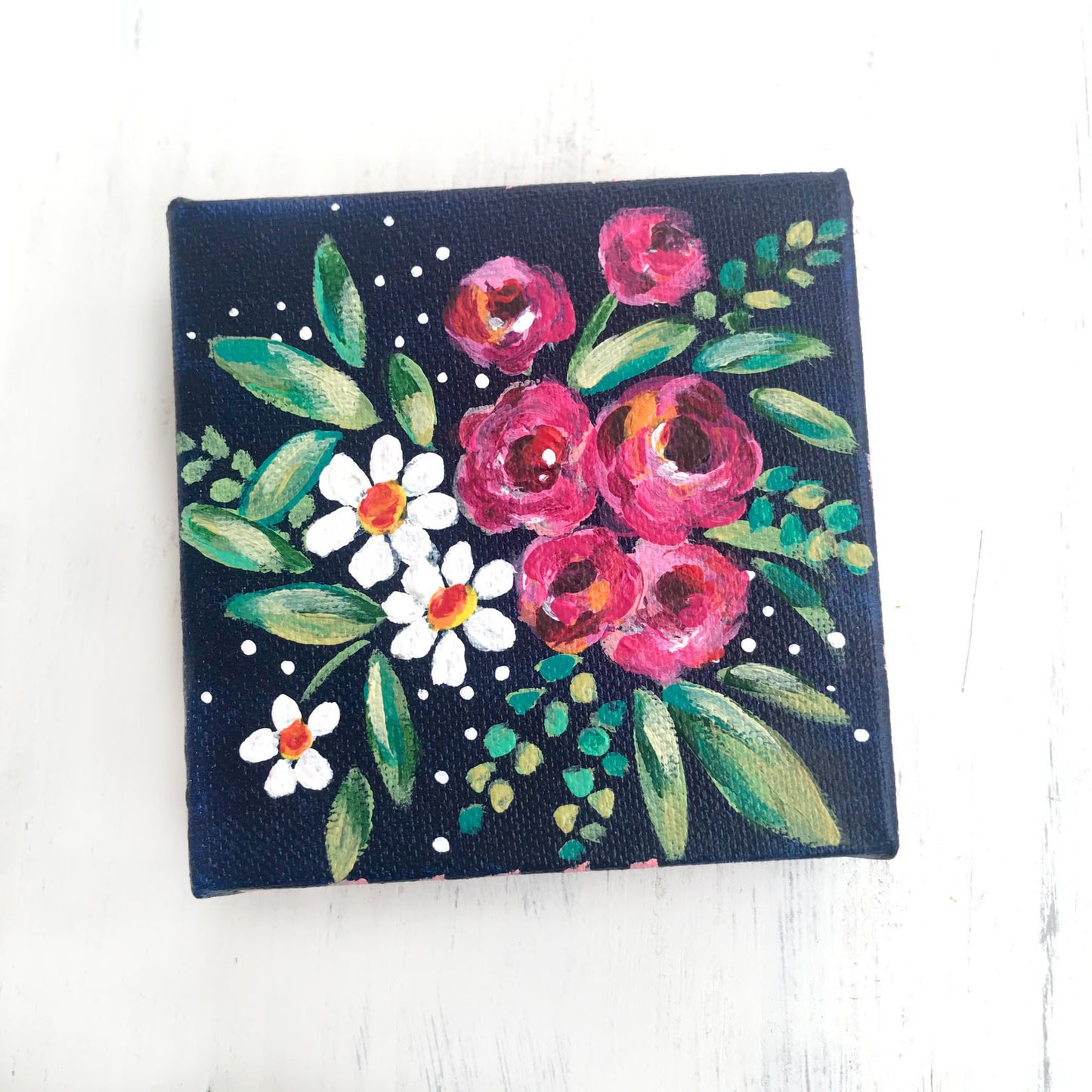 "Navy Love" - Floral Painting on 4x4 inch canvas with 1.25 inch painted sides (pink stripes) - Bethany Joy Art