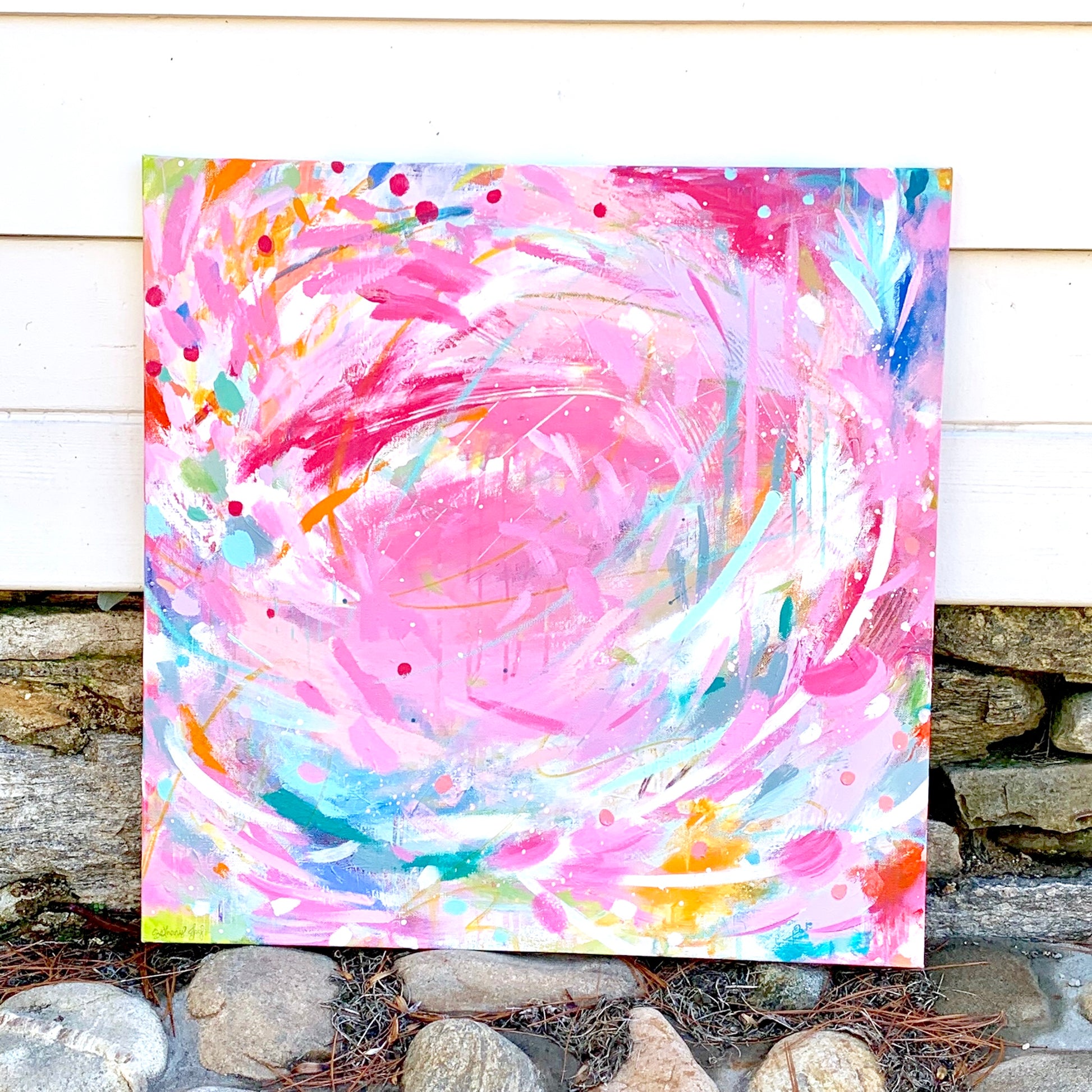"Pink Starburst" Abstract Original Painting on 24x24 inch Canvas / Colorful Original Art - Bethany Joy Art