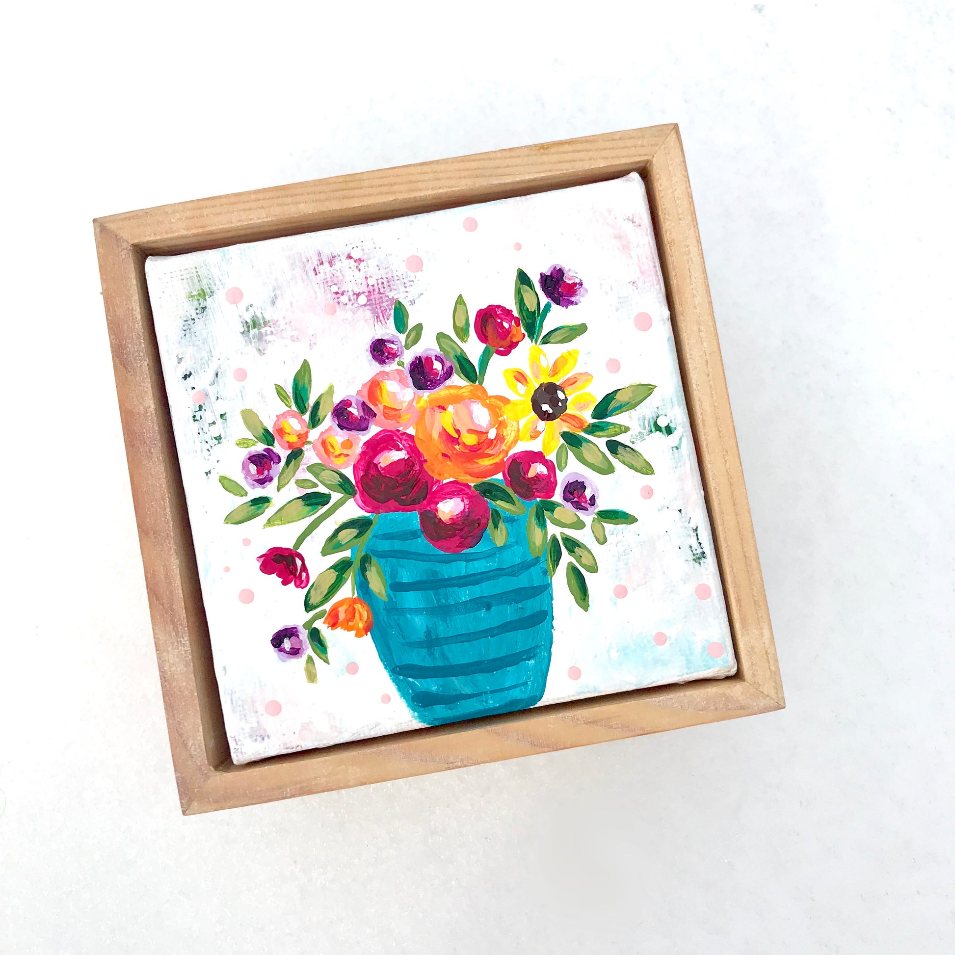 "Happy Go Lucky" Vase with Flowers Original Painting on 4x4 inch Canvas with Wood Frame - Bethany Joy Art