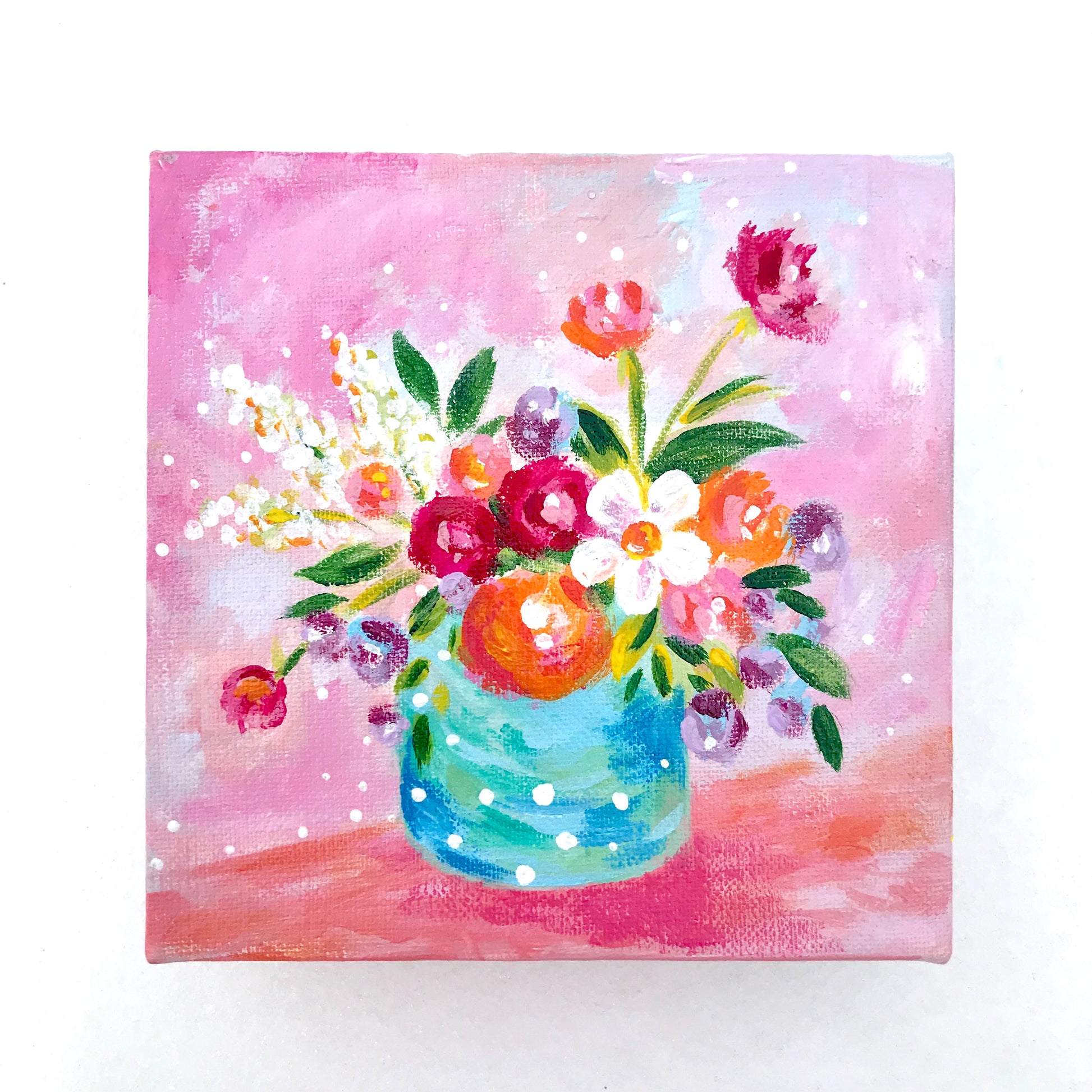 "Think Pink" Vase of Flowers Original Painting on 6x6 inch Canvas - Bethany Joy Art