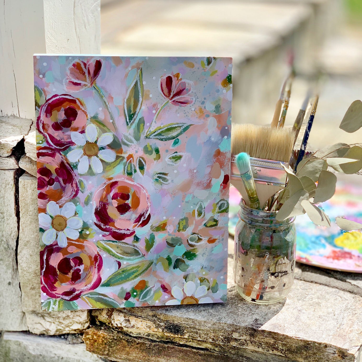New Spring Floral Mixed Media Painting on 9x12 inch wood panel - Bethany Joy Art