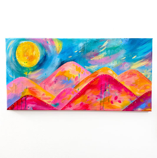 "Pink Mountaintops" Landscape Original Painting on 10x20 inch Canvas