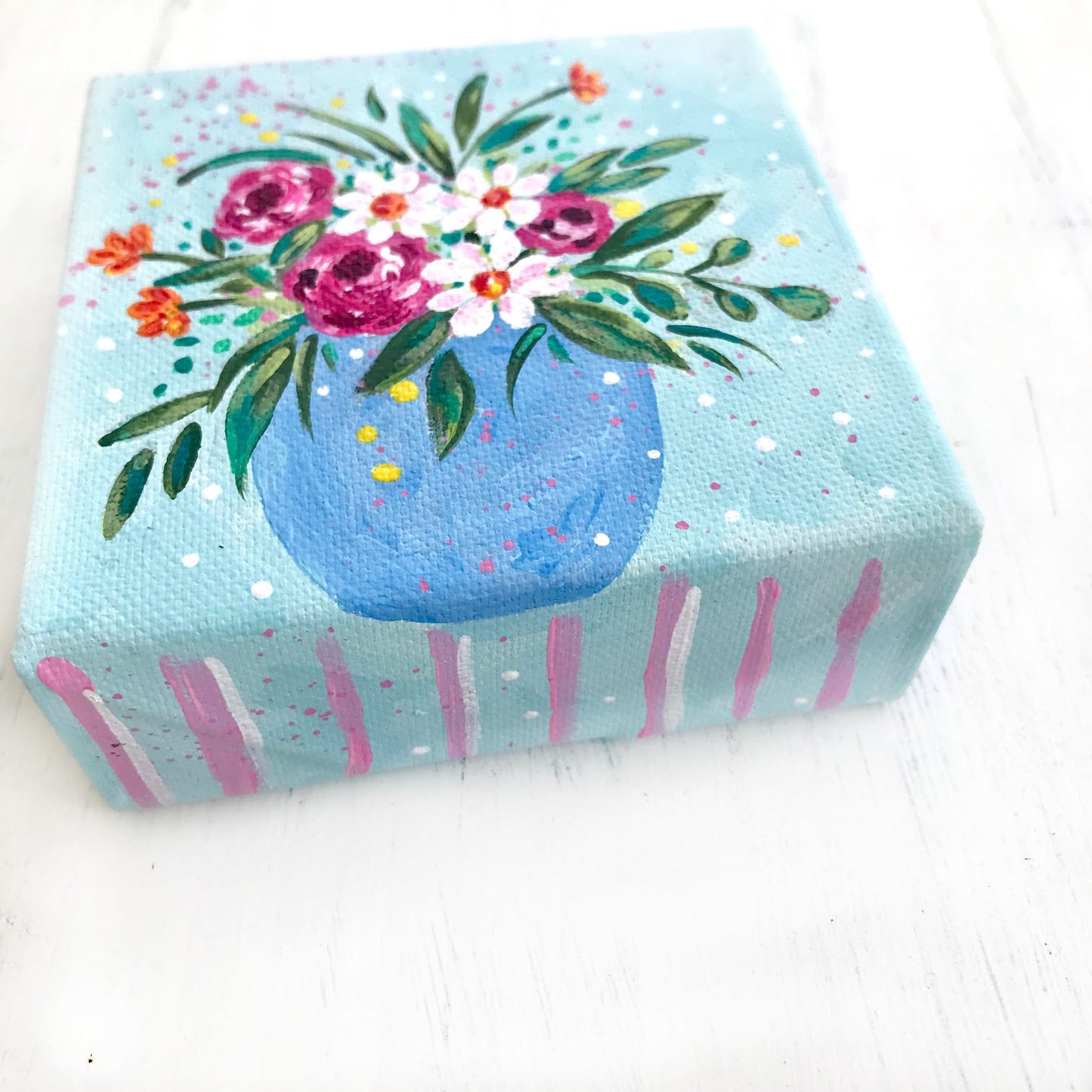 "Breath of Fresh Air"- Floral Painting on 4x4 inch canvas with 1.25 inch painted sides (pink stripes) - Bethany Joy Art